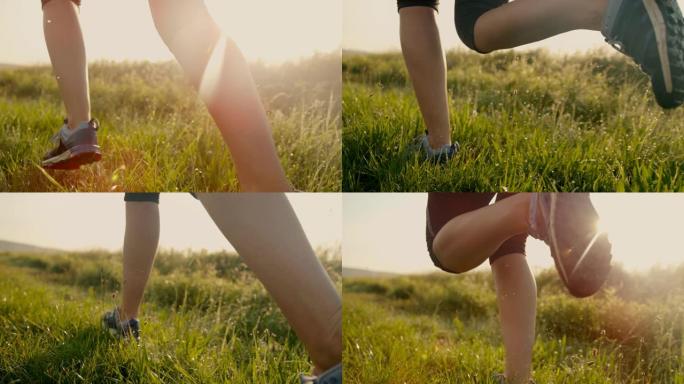 日落时在草地上奔跑的SLO MO女人