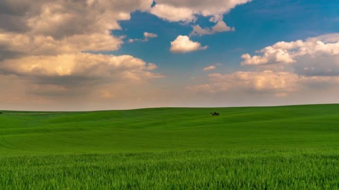 摩拉维亚乡村的一片绿色麦田和一所小房子上的T/L云景