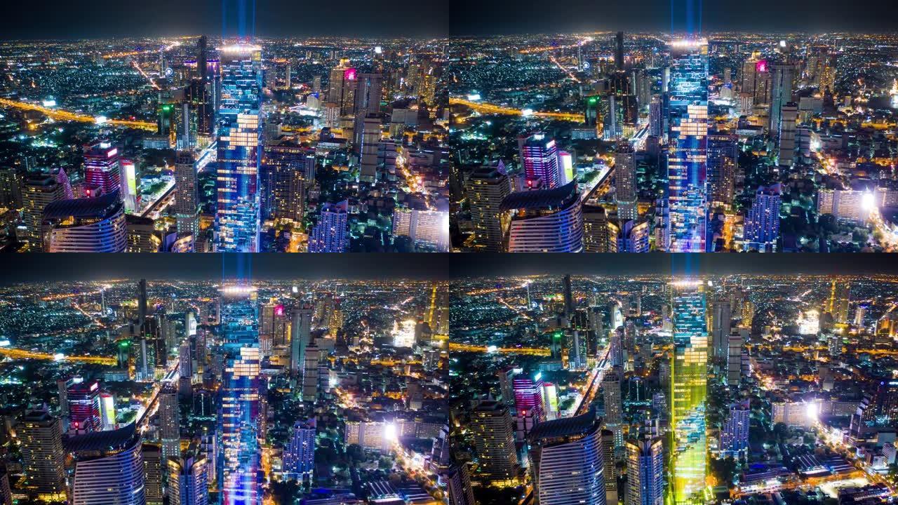 曼谷市，西隆/萨顿中央商务区与mahanakhon tower在晚上的空中拍摄