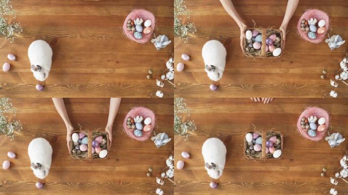 兔子和复活节彩蛋篮子的俯视图