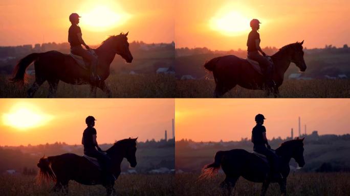 女人在田野上骑马，后视图。