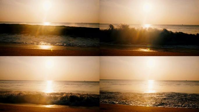 美丽的背景镜头在神奇的海洋度假海滩拍摄田园诗般的金色日落，大浪来了。