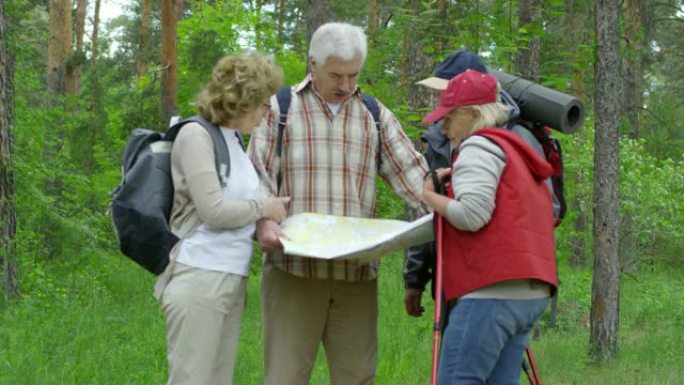 活跃的老年人在森林徒步旅行时看着地图
