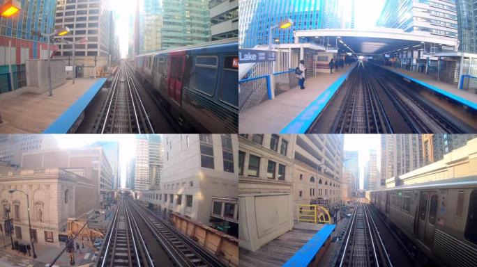 美国伊利诺伊州芝加哥环线大楼之间高架火车轨道和铁轨的4k时间流逝