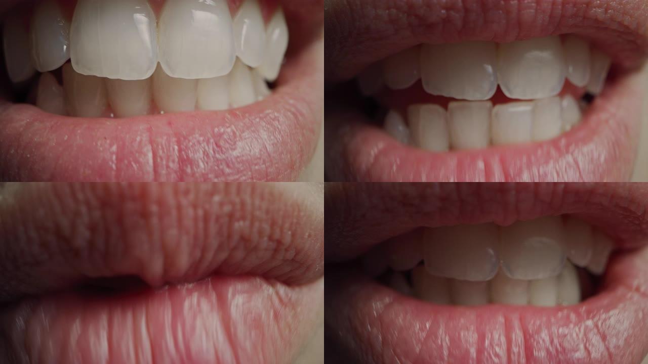 用完美的洁白牙齿近距离拍摄嘴巴。人说话，我们看到嘴和舌头的运动。女性，自然健康的红唇，甚至牙齿，笑容