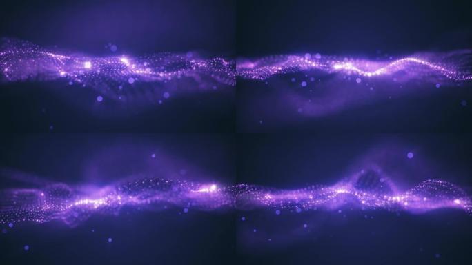 紫色背景的完美运动。蓝色背景上的星星是宇宙的金色紫色太阳尘埃。抽象粒子的运动。VJ无缝循环3d动画。