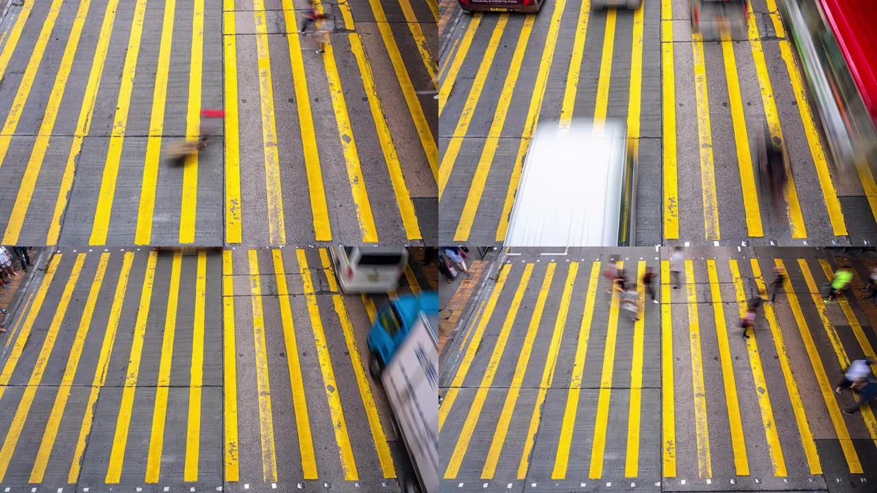 4k时间流逝香港旺角区黄色斑马线上无法识别的行人步行和巴士