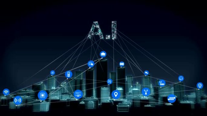 向前移动，智能城市上的各种物联网传感器图标，智能建筑连接 “i”。4k。