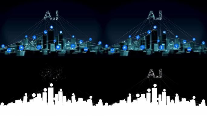 向前移动，智能城市上的各种物联网传感器图标，智能建筑连接 “i”。4k。