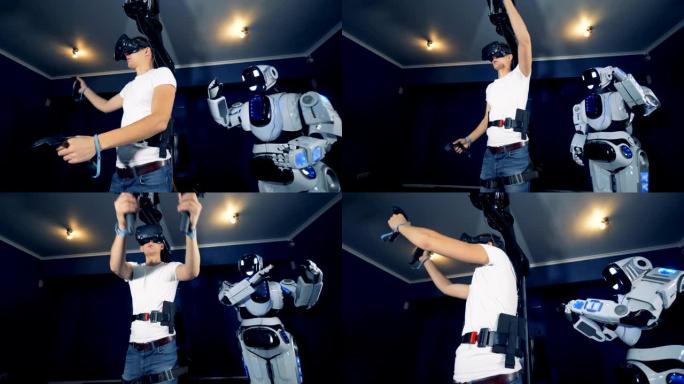 青少年正在使机器人从VR平台上移动手臂