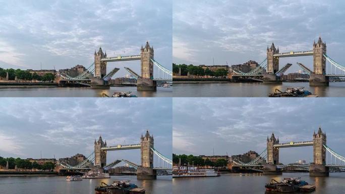 延时: 伦敦英国日落之夜塔桥的提升
