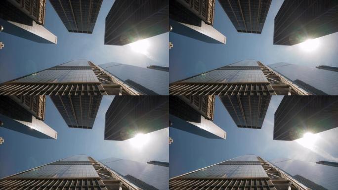 延时: 纽约曼哈顿下城摩天大楼的低角度拍摄
