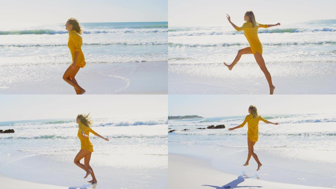 年轻白人女子在海滩上跑步的侧视图4k