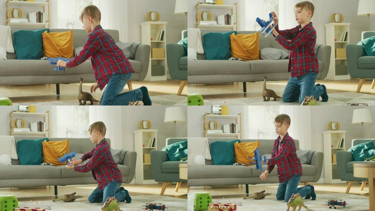 在家: 聪明的小男孩玩玩具飞机。年幼的孩子在阳光明媚的客厅里的地毯上玩耍。