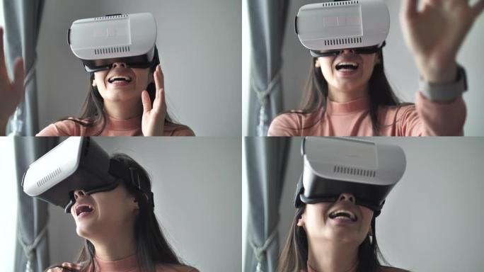 年轻的亚洲妇女在她的公寓里使用VR耳机放松，女人使用虚拟现实。美丽的年轻女性在vr眼镜上玩游戏。