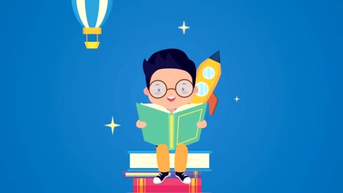 世界读书日庆祝活动，小男孩阅读和火箭