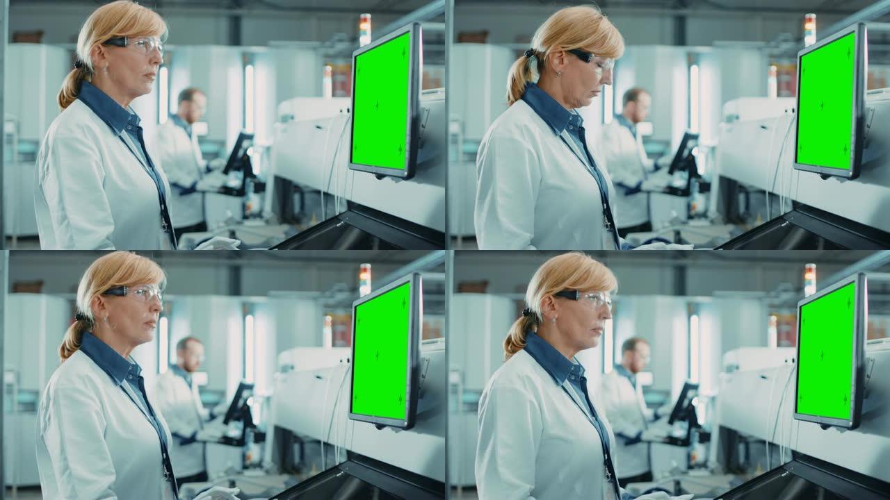 在高科技工厂，女工程师使用绿屏计算机对印刷电路板表面安装装配线进行编程拾取和放置电子机械。