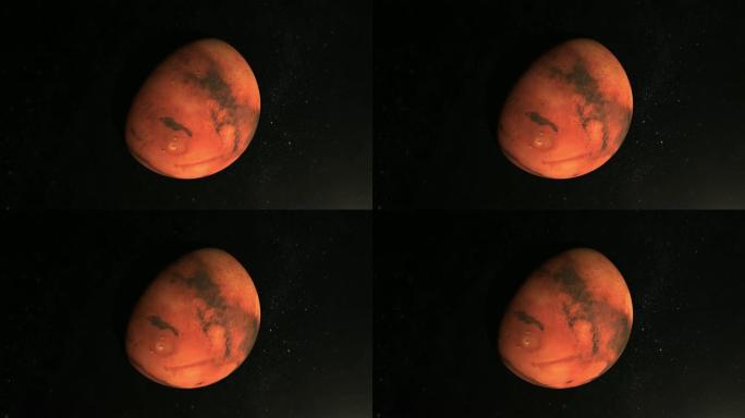 火星行星。从太空看。火星缓慢旋转。一个大的行星表面被太阳照亮了。星星闪烁。4K。