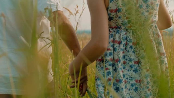 女士男孩和女孩手牵着手，在农村草地上行走