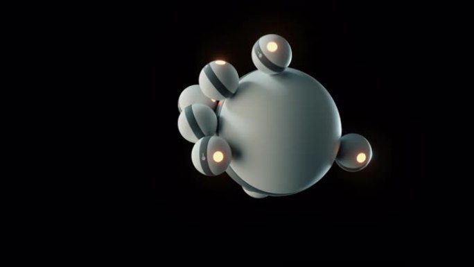 抽象数字球体像黑色背景上的小型机器人一样在自己周围移动。