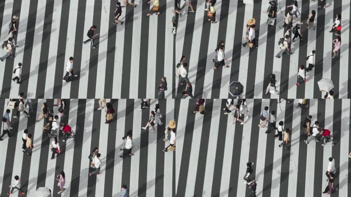 慢动作中长影横穿银座路口的行人俯视图