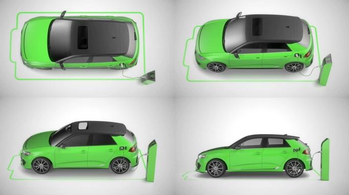 绿色现代电动自动驾驶汽车充电的俯视图。4K