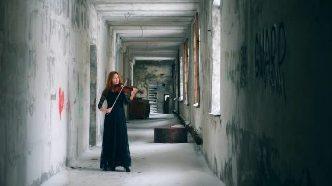 搁浅的白雪皑皑的走廊，一位女士在拉小提琴
