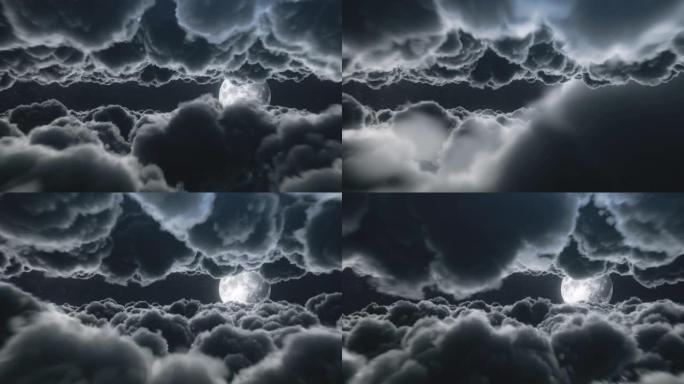 美丽奇妙的飞行在积云-夜晚月光下郁郁葱葱的云。一颗巨大的满月透过云层在一个深邃的繁星夜晚闪耀着光芒。