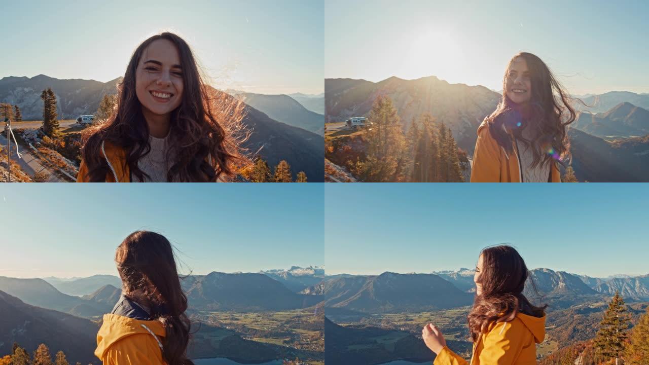 女士肖像快乐年轻女子享受风景，阳光明媚的山景观，失败者山，奥地利