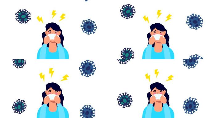 冠状病毒大流行动画与妇女生病和孢子