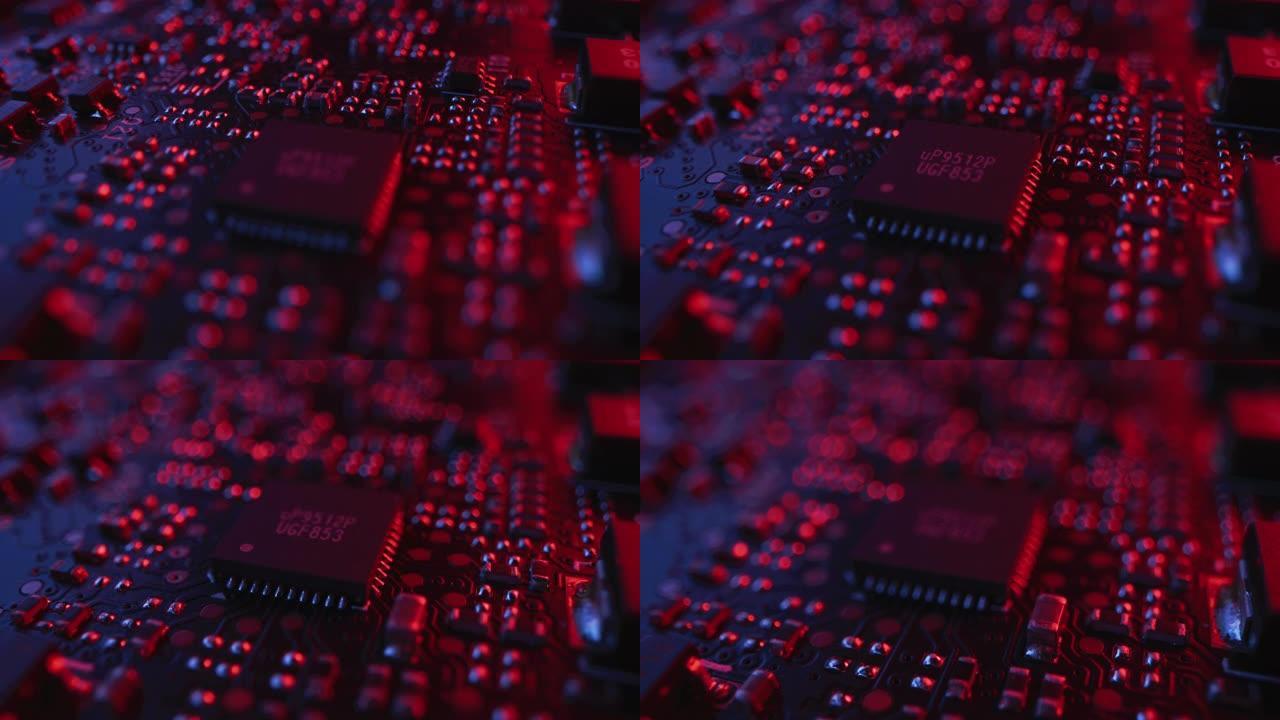 聚焦/不聚焦在微芯片、CPU处理器上。印刷电路板/计算机主板。电子设备内部，超级计算机的一部分。红色