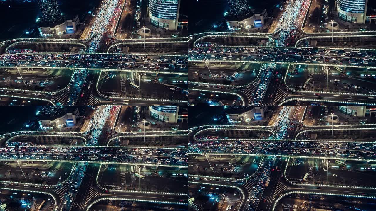 T/L TD无人机视图，夜间立交桥的轻型尾部/中国北京