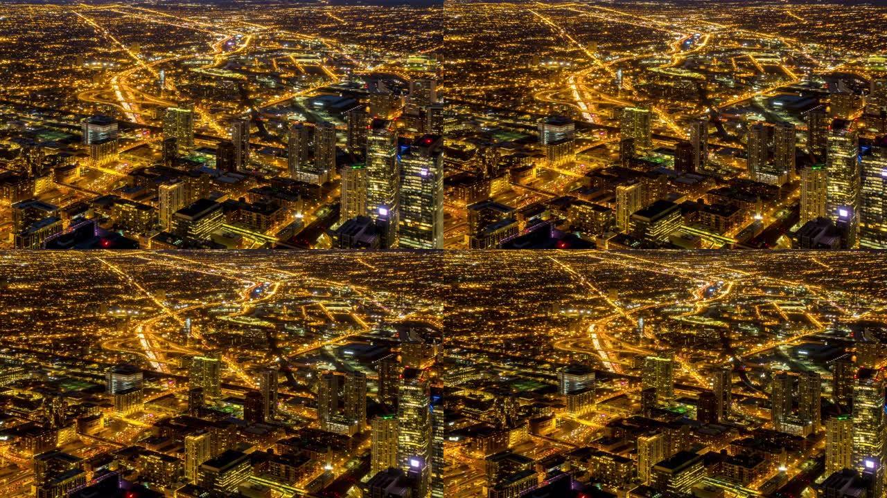 延时: 芝加哥天际线城市景观的鸟瞰图，俯瞰美国伊利诺伊州北部，日落时分