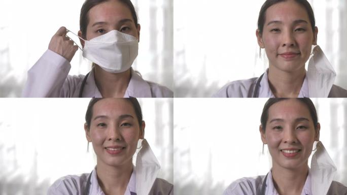 亚洲自信的女医生摘下手术面罩，看着相机