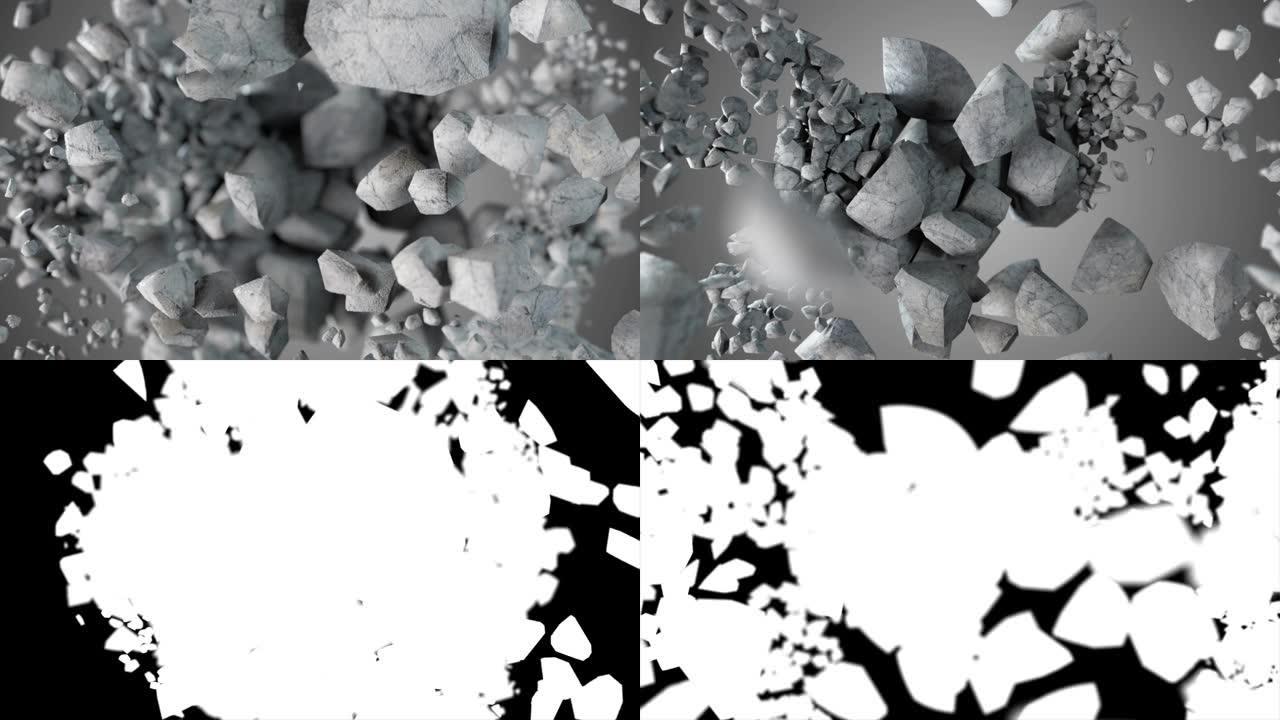 带有alpha matte的慢动作cg 3d动画中石球的爆炸和破坏