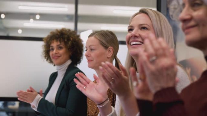 现代办公室的女企业家队伍为同事的演讲鼓掌