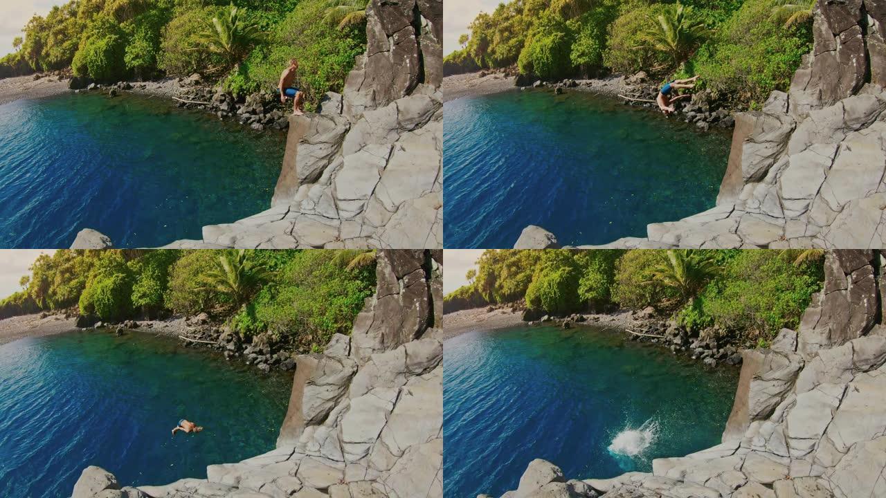 动作相机拍摄的年轻人向后翻转到原始的蓝色水中