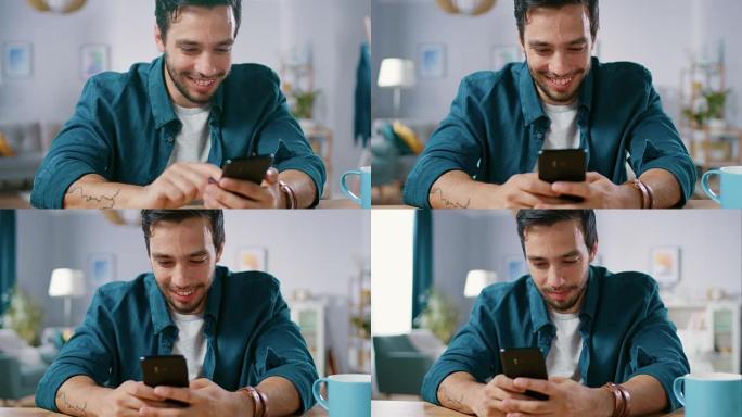 英俊的微笑男子在客厅放松时使用智能手机。家伙在互联网上浏览，使用社交网络，在家里玩得开心。