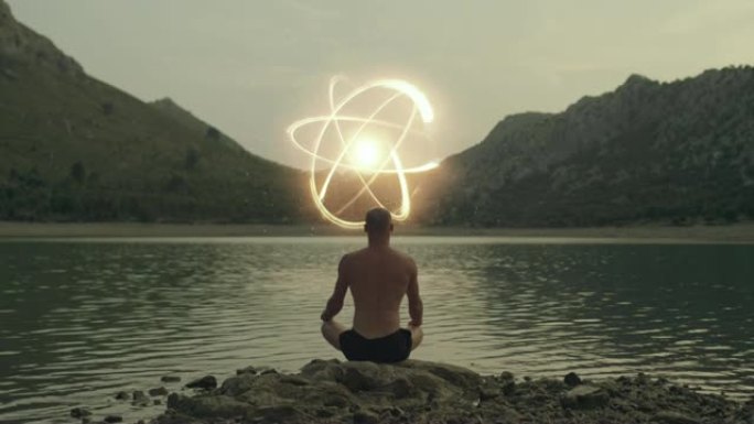 冥想人面前的原子能符号。