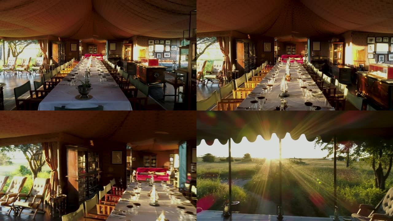 博茨瓦纳杰克斯营地餐厅美丽内部的4k背光视图