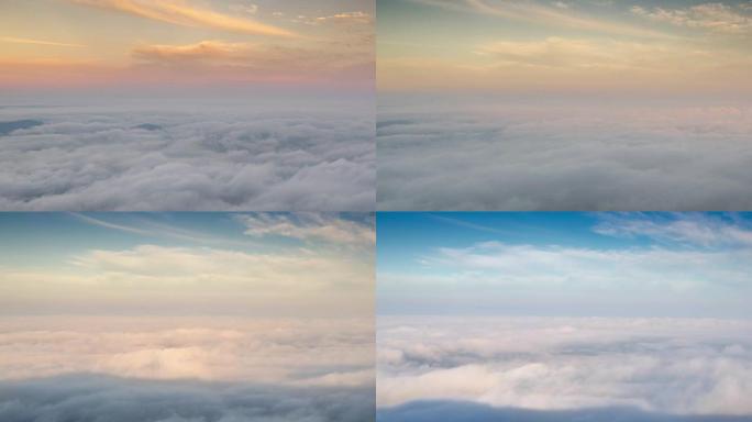 日出和多云的移动雾在美丽的天空山上的时间流逝