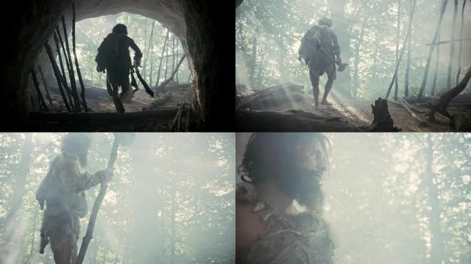 原始的穴居人穿着动物皮，皮草拿着尖头的长矛从他的洞穴中出来，进入史前森林准备狩猎。尼安德特人去丛林打