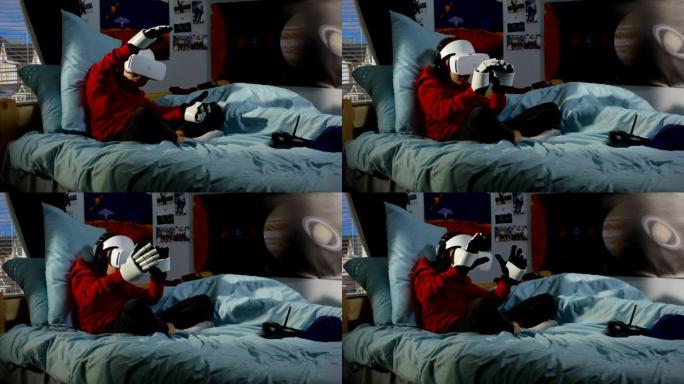 男孩玩VR耳机和外骨骼手套