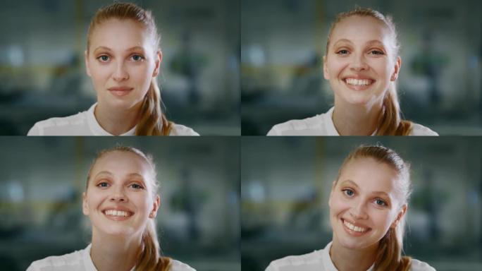 一位年轻成功的金发女商人的肖像对她在办公室的相机工作感到满意