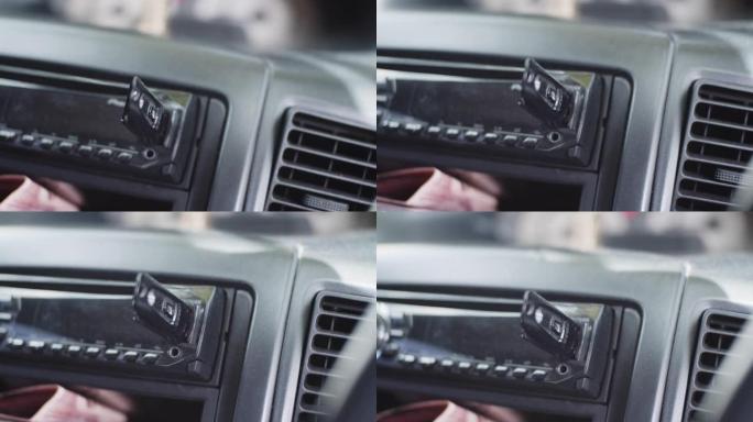 用于在汽车上听音乐的Usb记忆棒，特写镜头