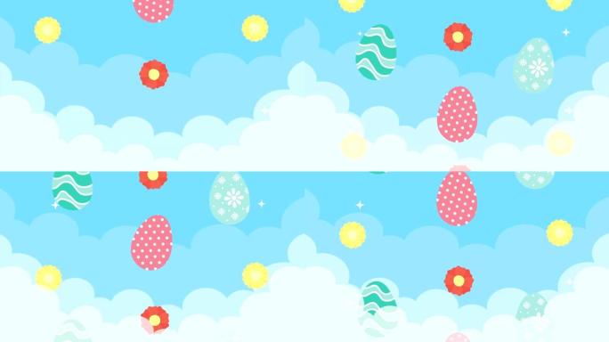 复活节快乐动画卡片，彩绘鸡蛋，天空中鲜花