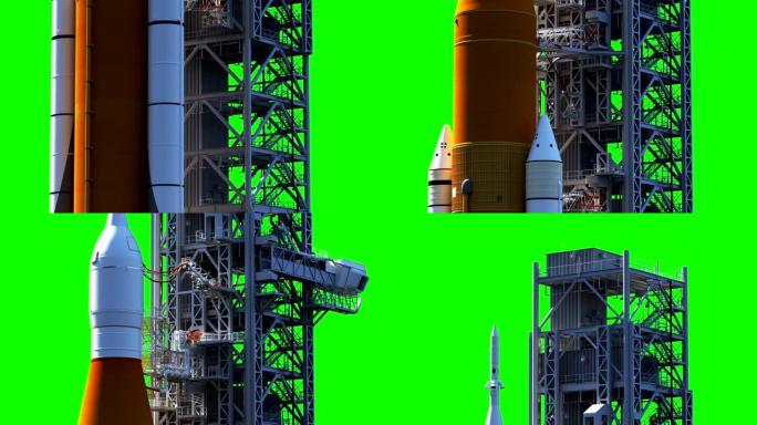 发射台上的太空发射系统。绿屏。