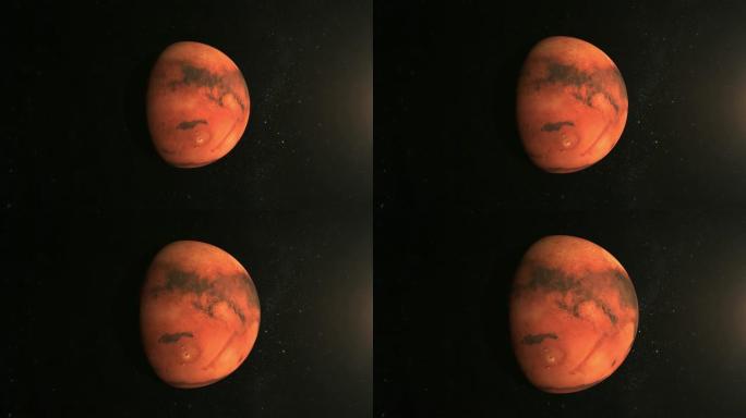 火星缓慢旋转。摄像机正在接近地球。火星的大表面被太阳照亮。从太空看。星星闪烁。4K.太阳在右边