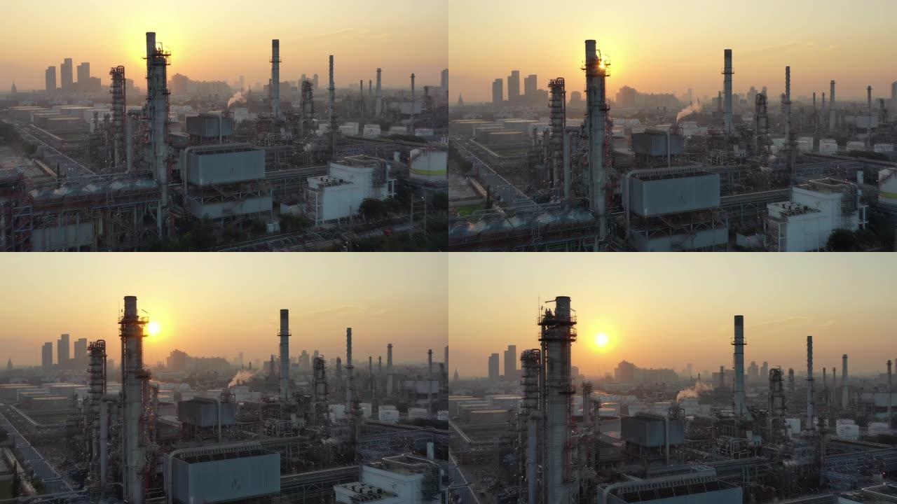 亚洲日出工业区鸟瞰图，包括炼油厂和储罐