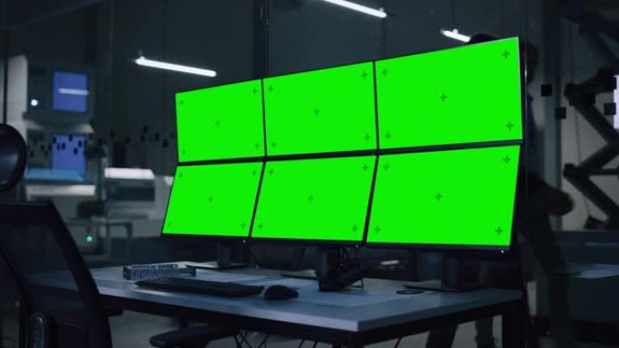 工业4.0现代工厂: 具有多个色度键/绿屏显示的计算机。背景技术高科技全自动电子生产工业设施